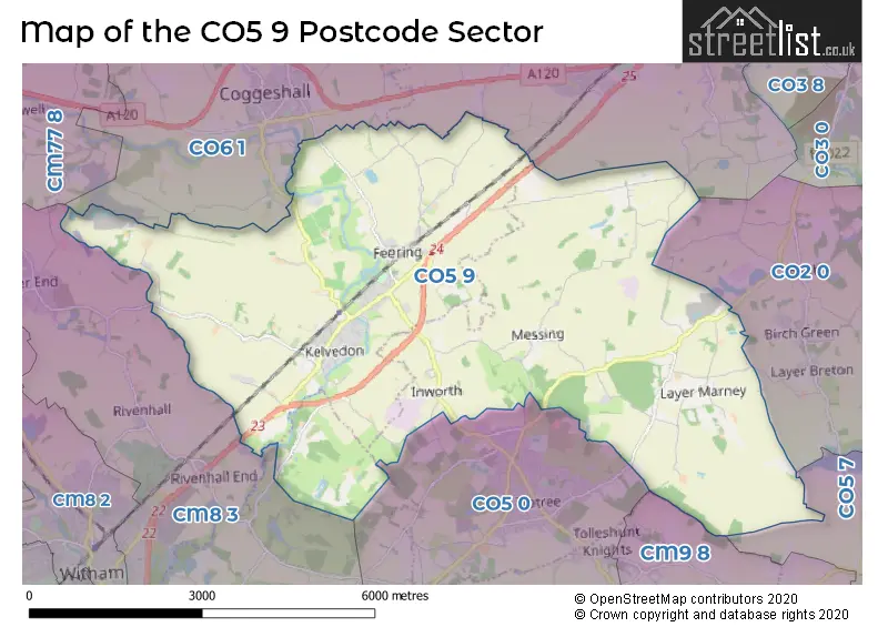 Map of the CO5 9 and surrounding postcode sector