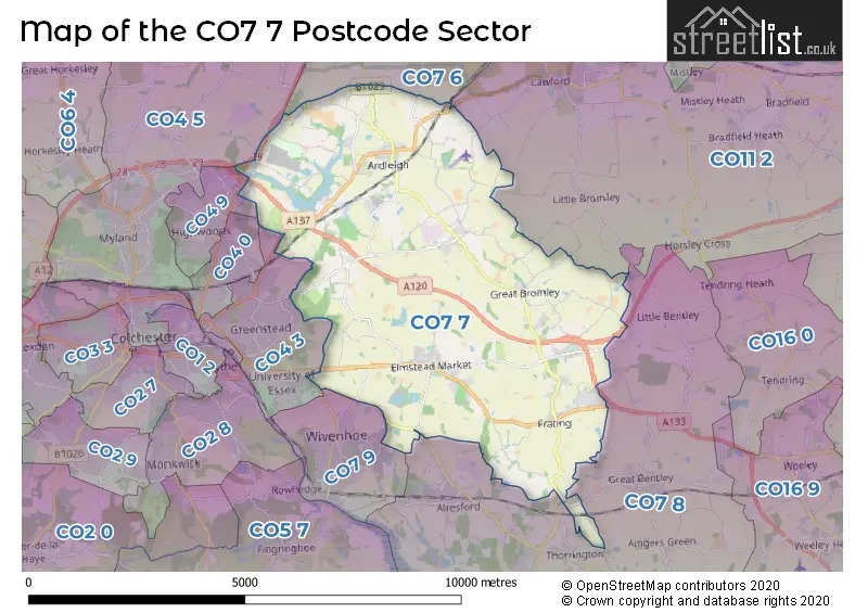 Map of the CO7 7 and surrounding postcode sector