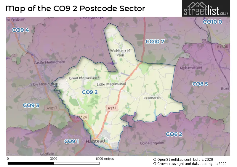 Map of the CO9 2 and surrounding postcode sector