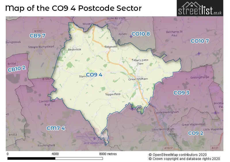 Map of the CO9 4 and surrounding postcode sector