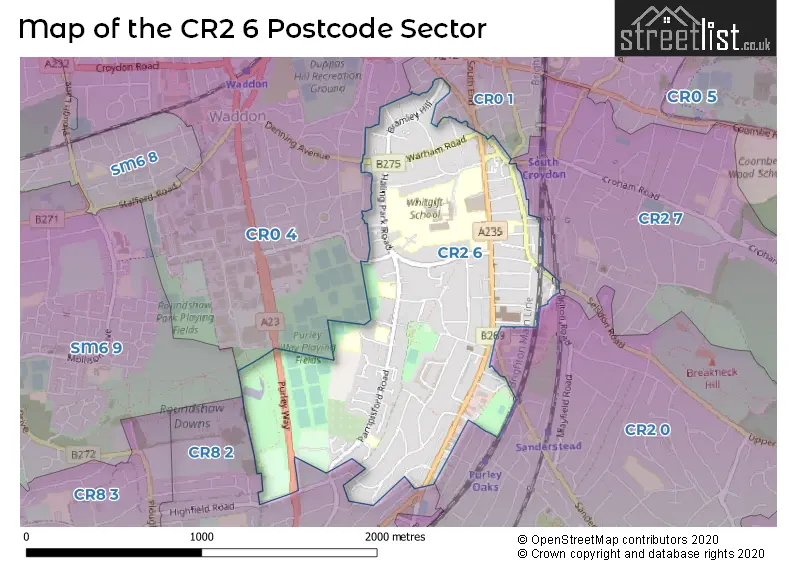 Map of the CR2 6 and surrounding postcode sector