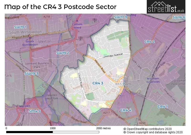 Map of the CR4 3 and surrounding postcode sector