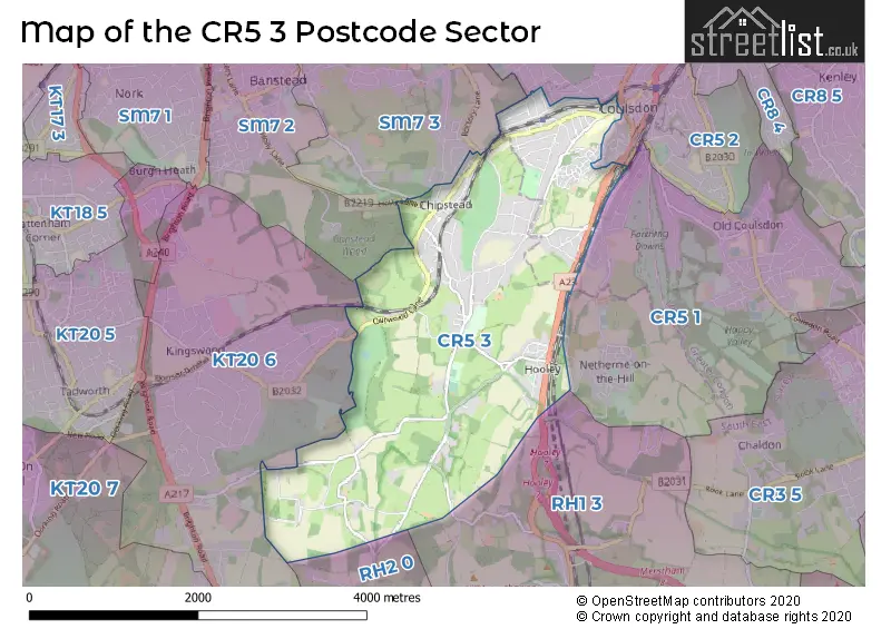 Map of the CR5 3 and surrounding postcode sector