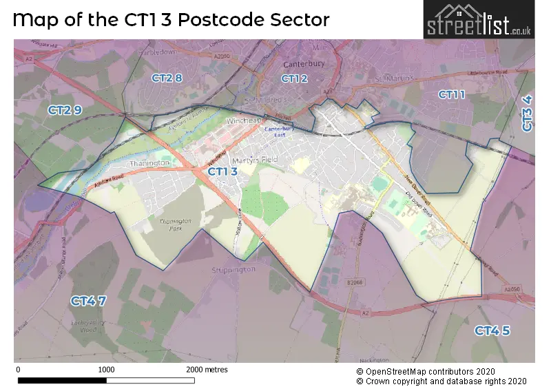 Map of the CT1 3 and surrounding postcode sector