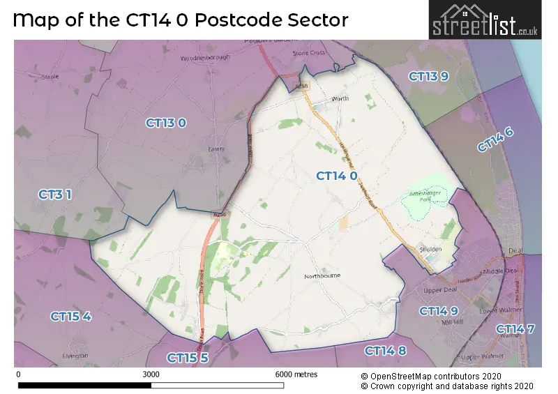 Map of the CT14 0 and surrounding postcode sector