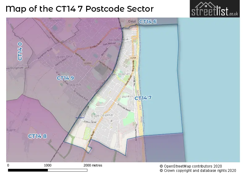 Map of the CT14 7 and surrounding postcode sector