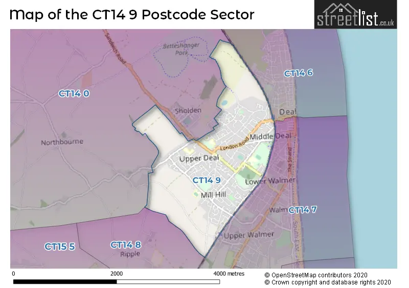 Map of the CT14 9 and surrounding postcode sector