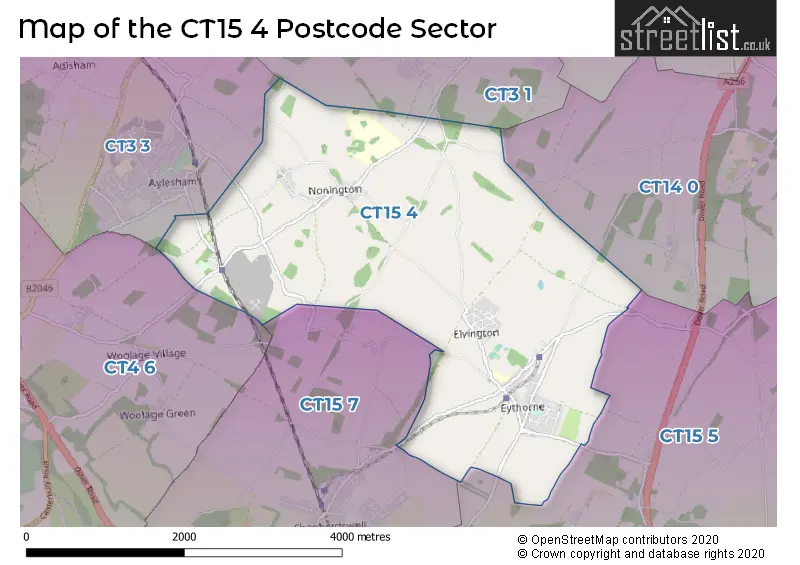 Map of the CT15 4 and surrounding postcode sector