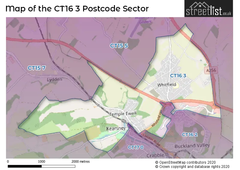 Map of the CT16 3 and surrounding postcode sector