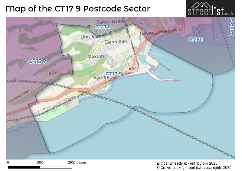 Map of the CT17 9 and surrounding postcode sector