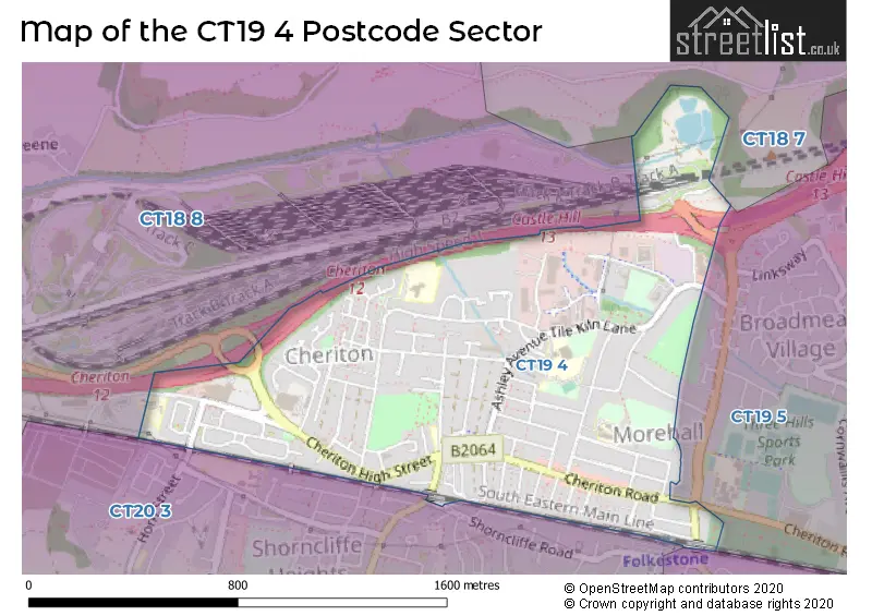 Map of the CT19 4 and surrounding postcode sector