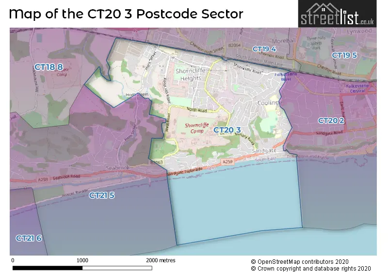 Map of the CT20 3 and surrounding postcode sector