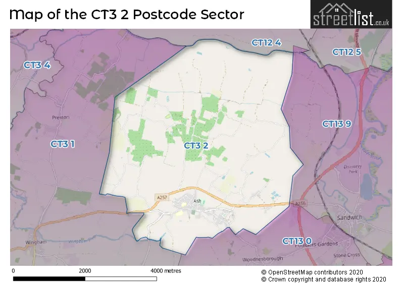 Map of the CT3 2 and surrounding postcode sector