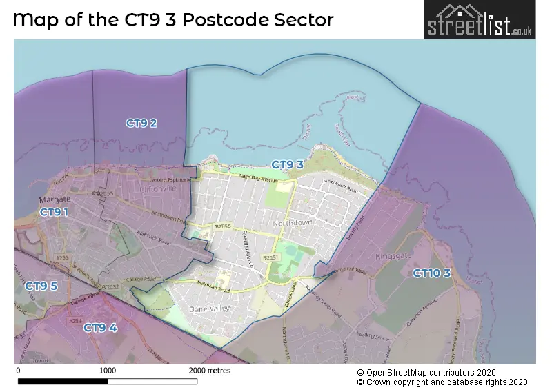 Map of the CT9 3 and surrounding postcode sector