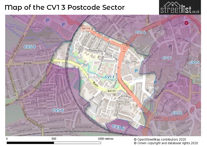 Map of the CV1 3 and surrounding postcode sector