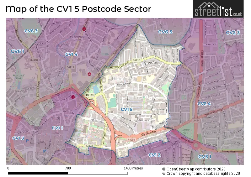 Map of the CV1 5 and surrounding postcode sector