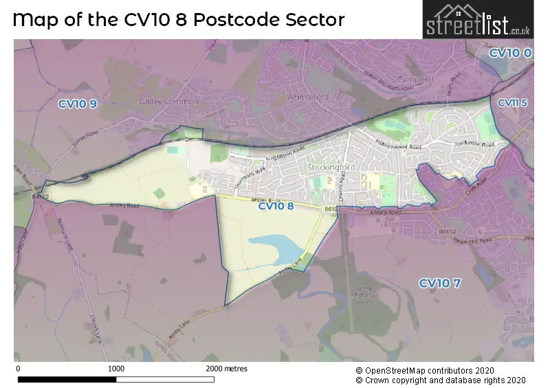 Map of the CV10 8 and surrounding postcode sector