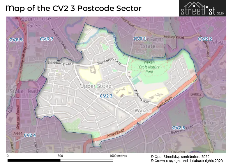 Map of the CV2 3 and surrounding postcode sector