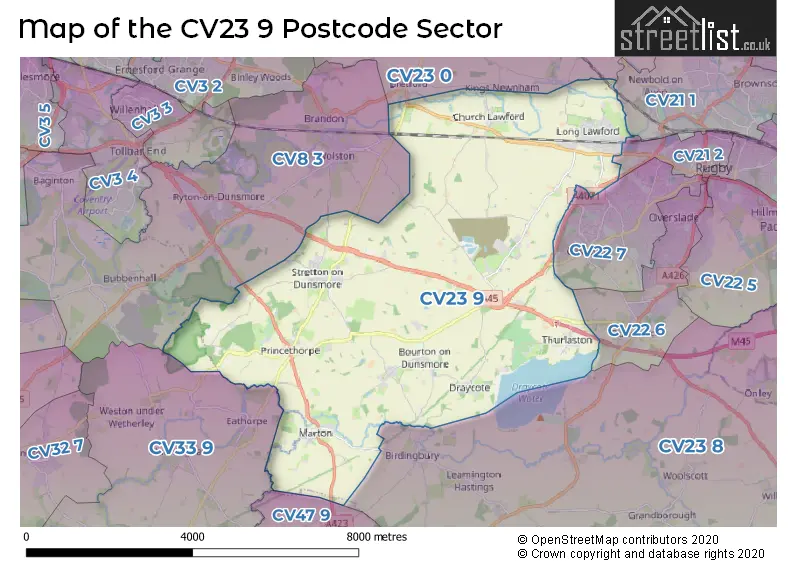 Map of the CV23 9 and surrounding postcode sector