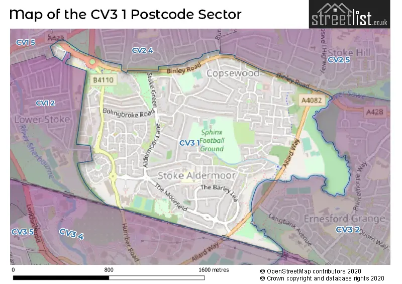 Map of the CV3 1 and surrounding postcode sector