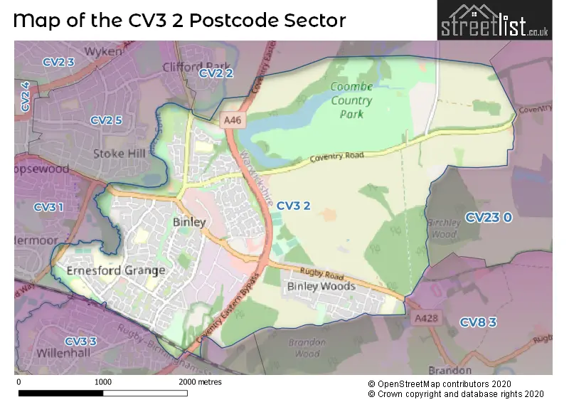 Map of the CV3 2 and surrounding postcode sector