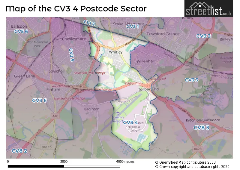 Map of the CV3 4 and surrounding postcode sector