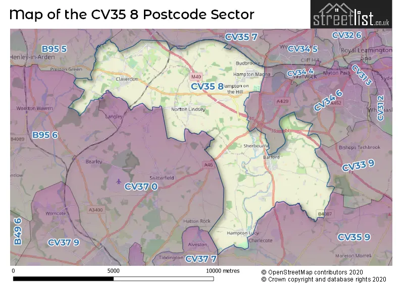 Map of the CV35 8 and surrounding postcode sector