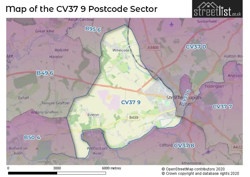 Map of the CV37 9 and surrounding postcode sector