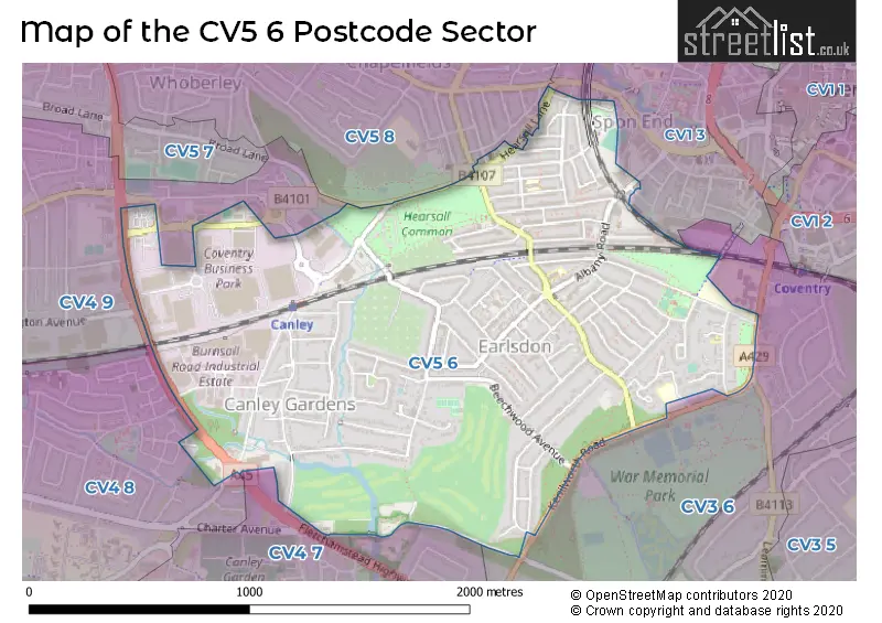 Map of the CV5 6 and surrounding postcode sector