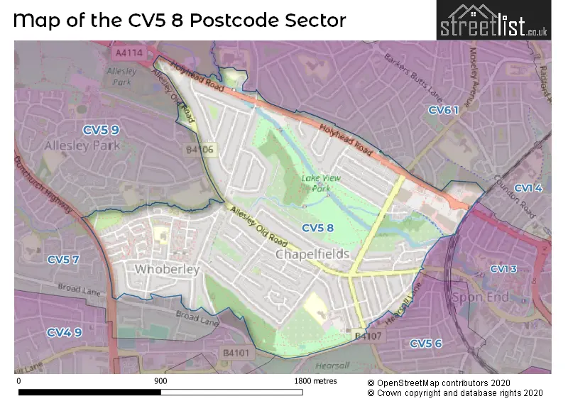 Map of the CV5 8 and surrounding postcode sector