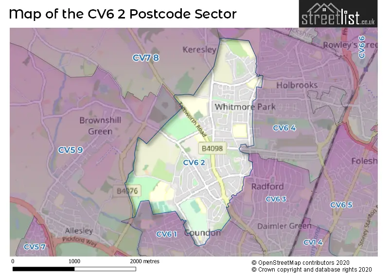 Map of the CV6 2 and surrounding postcode sector