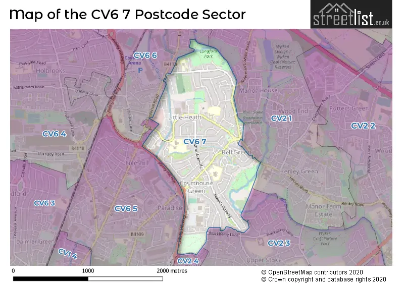 Map of the CV6 7 and surrounding postcode sector