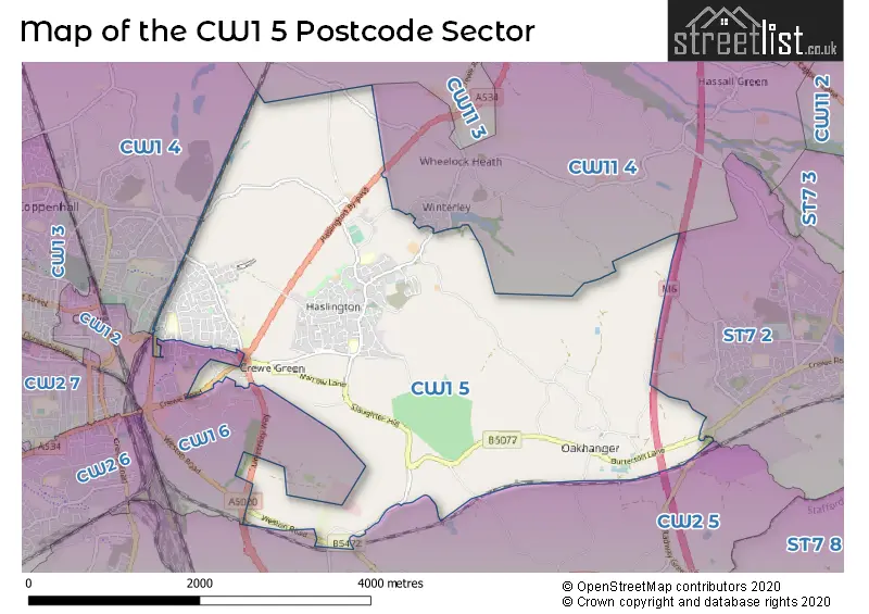 Map of the CW1 5 and surrounding postcode sector