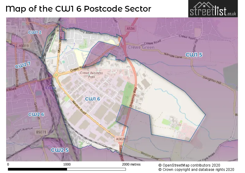 Map of the CW1 6 and surrounding postcode sector