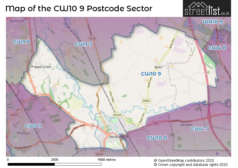 Map of the CW10 9 and surrounding postcode sector