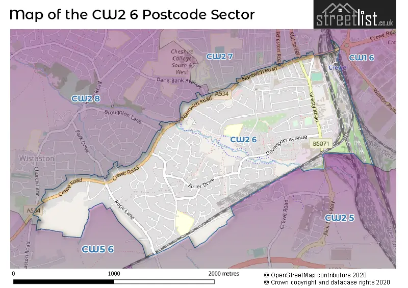 Map of the CW2 6 and surrounding postcode sector