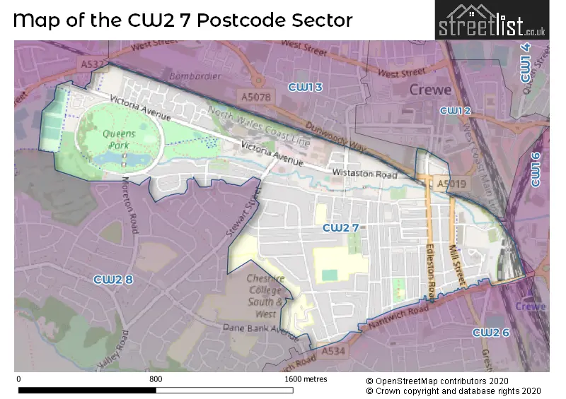 Map of the CW2 7 and surrounding postcode sector