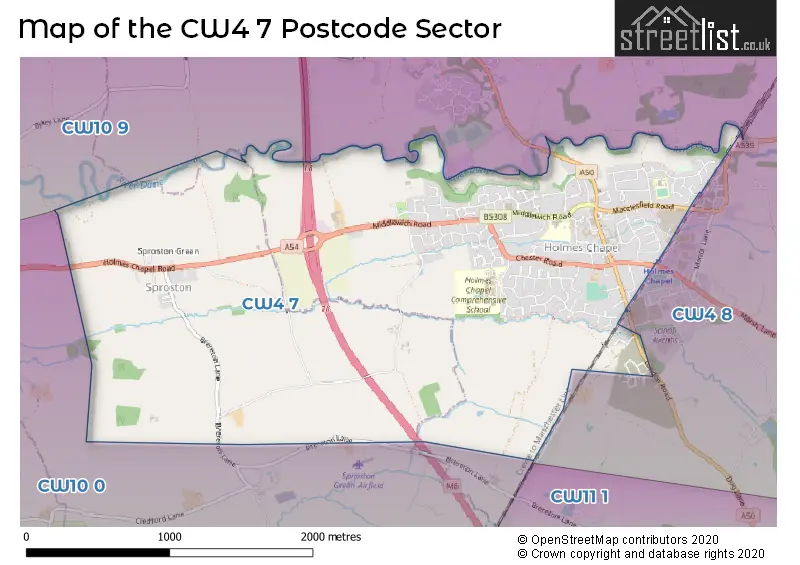 Map of the CW4 7 and surrounding postcode sector