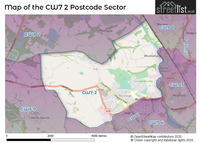 Map of the CW7 2 and surrounding postcode sector