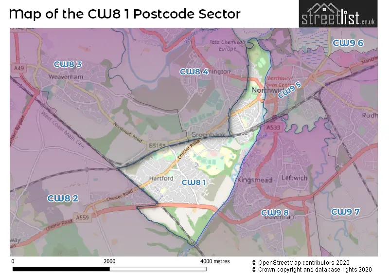 Map of the CW8 1 and surrounding postcode sector