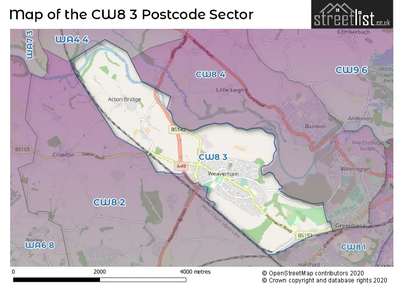 Map of the CW8 3 and surrounding postcode sector