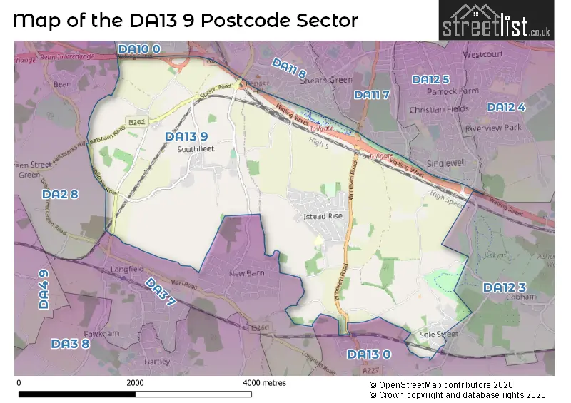 Map of the DA13 9 and surrounding postcode sector