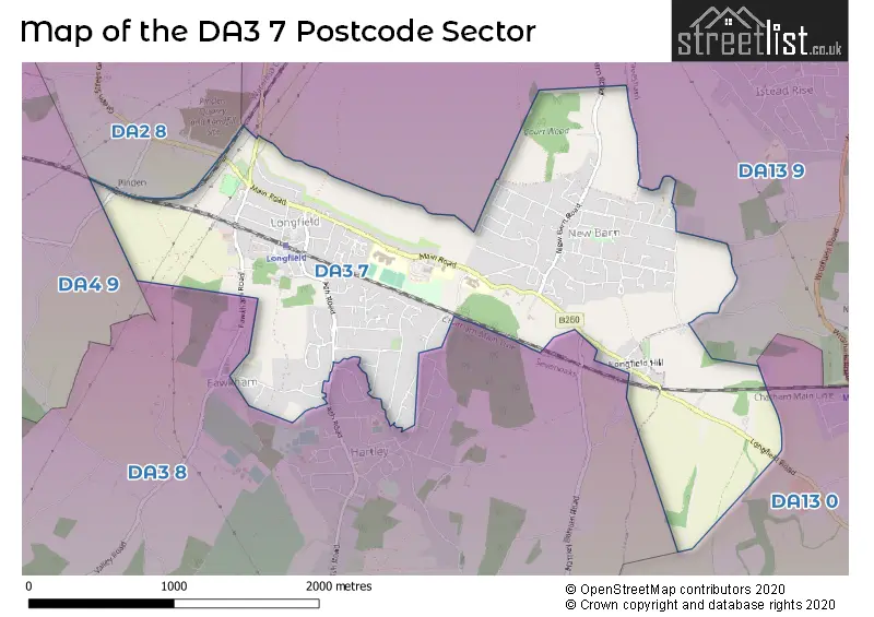 Map of the DA3 7 and surrounding postcode sector