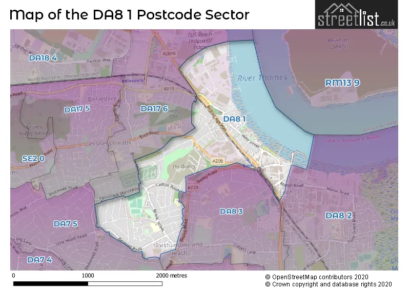 Map of the DA8 1 and surrounding postcode sector