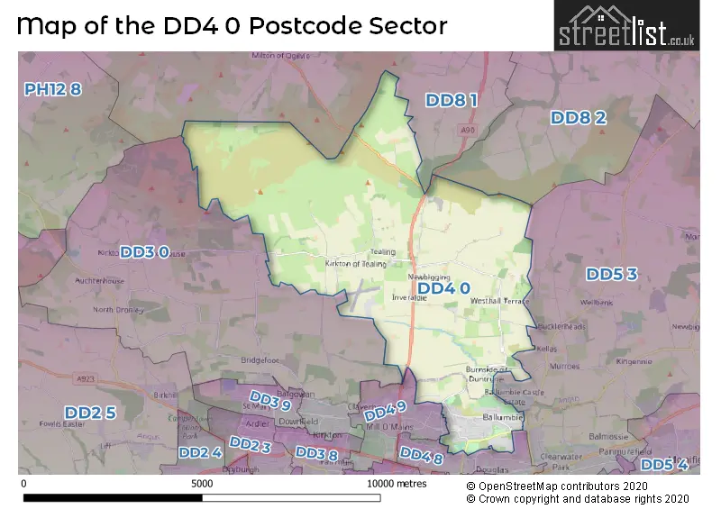 Map of the DD4 0 and surrounding postcode sector