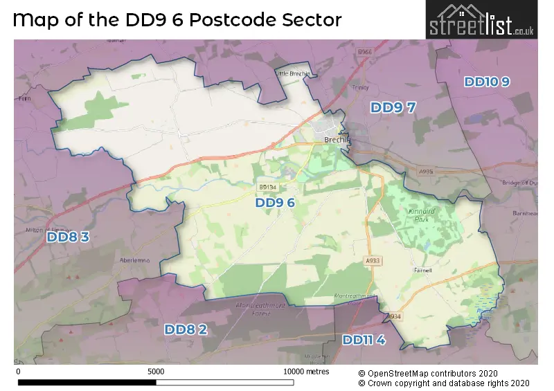 Map of the DD9 6 and surrounding postcode sector