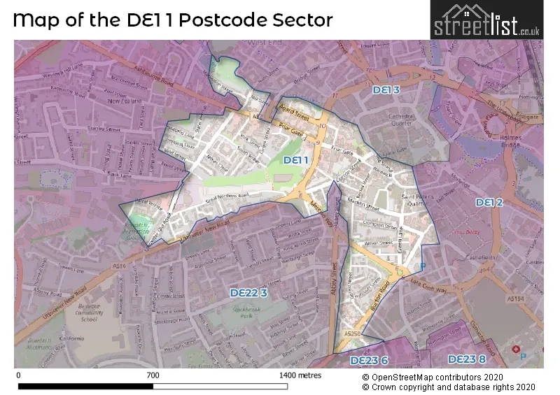 Map of the DE1 1 and surrounding postcode sector