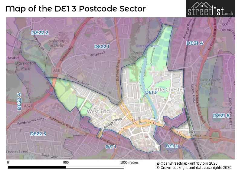 Map of the DE1 3 and surrounding postcode sector