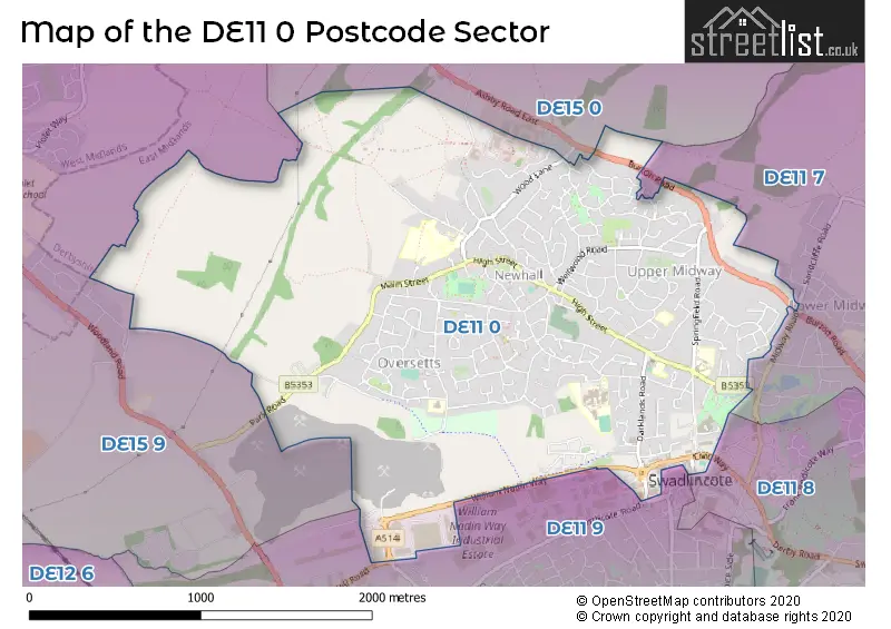 Map of the DE11 0 and surrounding postcode sector