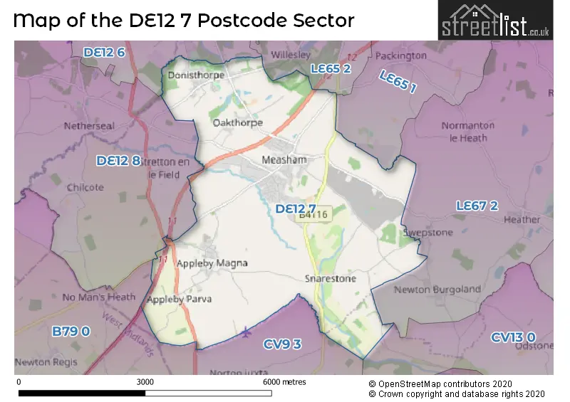 Map of the DE12 7 and surrounding postcode sector